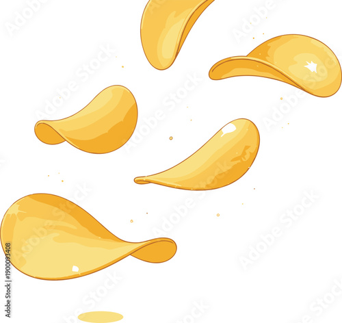 Golden potato chips floating on white background with wavy curved shapes, highlights, and crumbs, realistic vector illustration for snack branding, packaging, and food advertising concepts