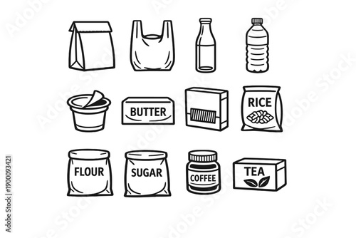 Market Packaging Contents in outline vector style: paper bag, plastic bag, glass bottle, plastic bottle, yogurt cup, butter pack, pasta box, rice bag, flour bag