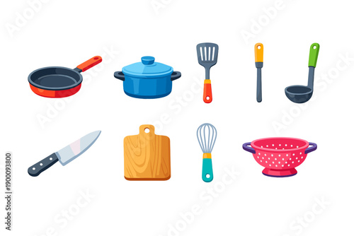 Cooking utensils flat style: frying pan, saucepan, spatula, ladle, knife, cutting board, whisk, colander