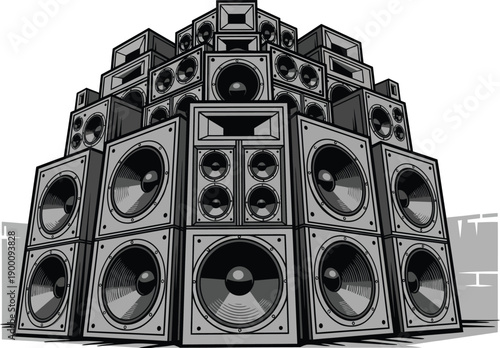 Tower of powerful speakers for loud music performance