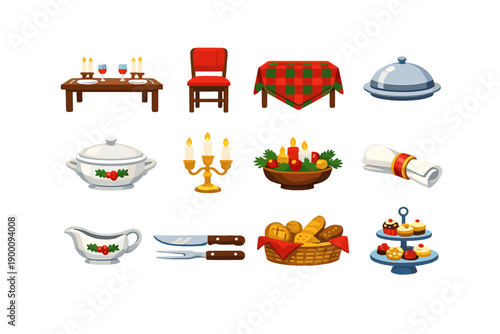 Family Traditions Holiday Gathering Items in flat style: dining table, dining chair, tablecloth, serving platter, soup tureen, candle holder, centerpiece bowl