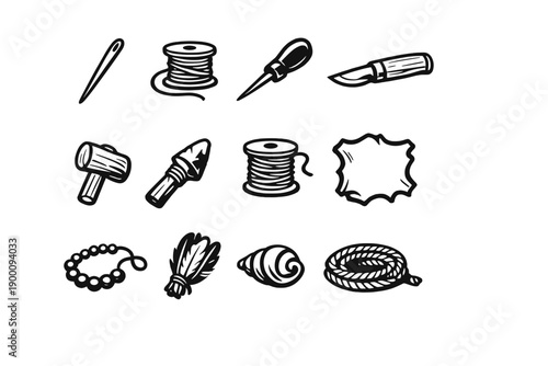 Natural Craft and Tool Making in outline vector style: bone needle, sinew thread, awl tool, carving knife, wooden mallet, stone chisel, cord spool, leather hide