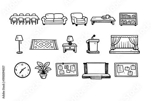 Indoor gathering doodle style: conference table, chairs, sofa, armchair, coffee table, bookshelf, lamp, rug, side table, podium, stage, curtain, clock, plant