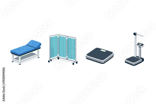 Health screening room setup in isometric flat style: exam table, privacy screen, weighing scale, height rod