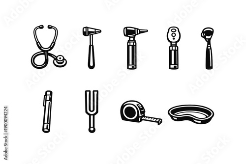 Clinical diagnostic hand tools in outline vector style: stethoscope, reflex hammer, otoscope, ophthalmoscope, penlight, tuning fork, measuring tape, kidney tray