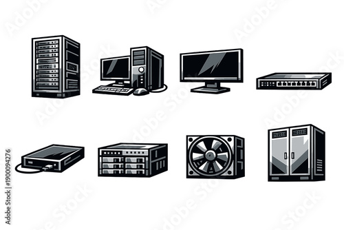 Enterprise consulting infrastructure hardware in bold vector style: server rack, desktop computer, widescreen monitor, network switch, external hard drive