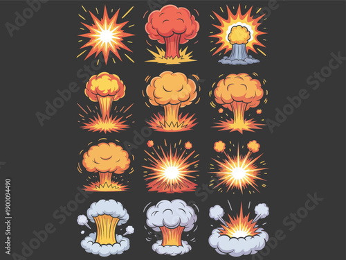 Collection of nuclear explosion and mushroom cloud icons
