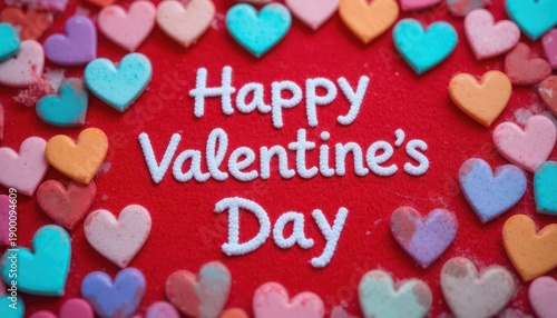 Colorful heart-shaped candies celebrating a joyful and romantic valentine's day message on a vibrant background