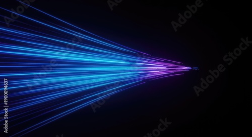 Dynamic blue and purple light trails representing speed and velocity in a deep space setting. High-tech energy flow ,illumination ,kinetic energy ,flow