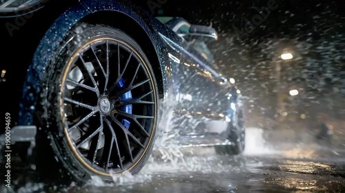 Side-angle close-up of black wheel being power-washed, forceful water jet creating dramatic splash patterns, metallic rim highlights glowing under studio-style lighting