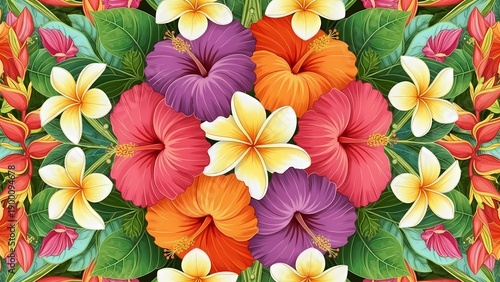 Vibrant Tropical Floral Pattern with Hibiscus and Plumeria Flowers and Lush Green Leaves