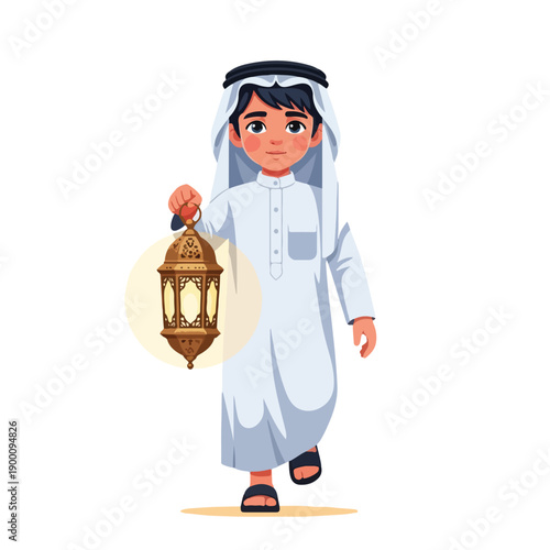 Cartoon boy in traditional Middle Eastern clothing holding lantern