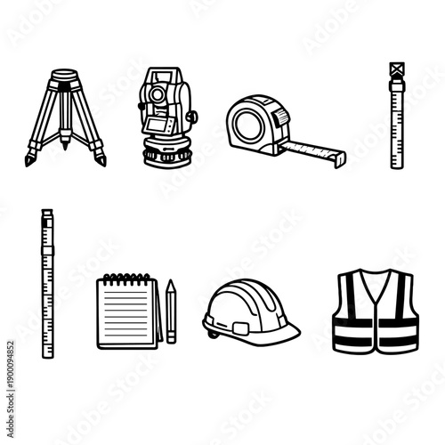 Civil engineering field survey tools in outline vector style: tripod, theodolite, measuring tape, survey rod, leveling staff, field notebook, hard hat, safety