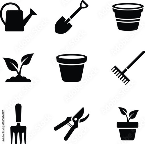 Set of 9 black silhouette gardening tools and plant icons vector for horticulture and agriculture design