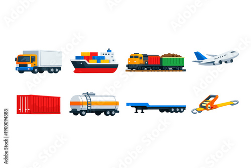 Transportation assets flat style: delivery truck, cargo ship, freight train, cargo airplane, shipping container, fuel tank, trailer, tie-down strap