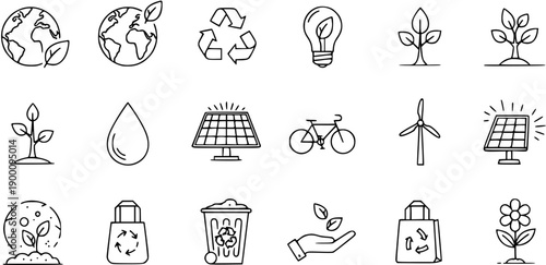 Eco-friendly Icons Set: Nature, Renewable Energy, Sustainability, Recycling, Green Living