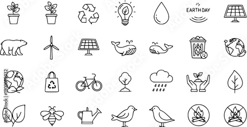 Eco-friendly and Earth Day Icons Set: Nature, Recycling, Sustainability, and Climate Action