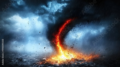 A powerful tornado with a fiery core tearing through debris and causing widespread destruction during a violent storm