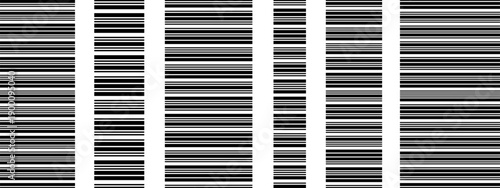 Horizontal black barcode stripes arranged as a seamless repeating pattern. Vector texture with thin and thick lines. Minimal monochrome background for print, covers and graphic layouts.
