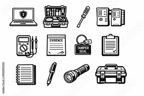 Cyber Security Incident Response Tools in outline vector style: laptop, forensic toolkit, screwdriver, cable tester, multimeter, evidence bag, tamper seal