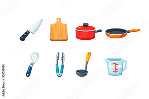 Dining experience kitchen preparation tools in flat style: chef knife, cutting board, saucepan, frying pan, whisk, tongs, ladle, measuring cup