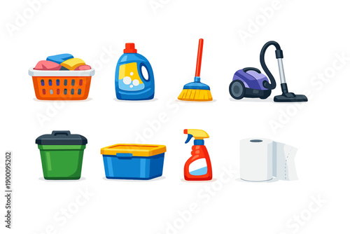 Shared family care supplies in flat style: laundry basket, detergent bottle, broom, vacuum cleaner, trash bin, storage box, cleaning spray bottle, paper towel