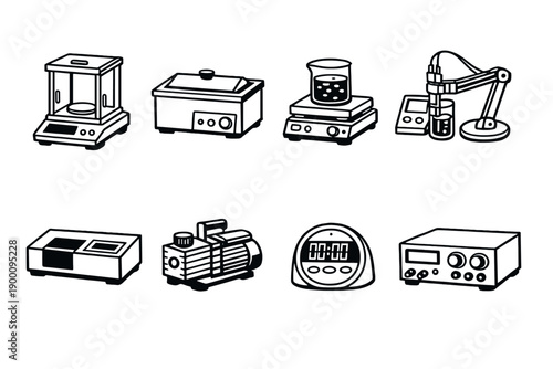 Biomedical research instruments in outline vector style: analytical balance, water bath, hot plate stirrer, pH meter, spectrophotometer, vacuum pump, timer