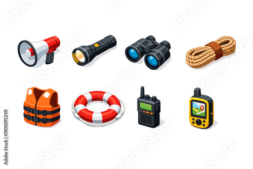 Field operation and monitoring objects in isometric flat style: megaphone, flashlight, binoculars, rope coil, life jacket, rescue buoy, portable radio, GPS