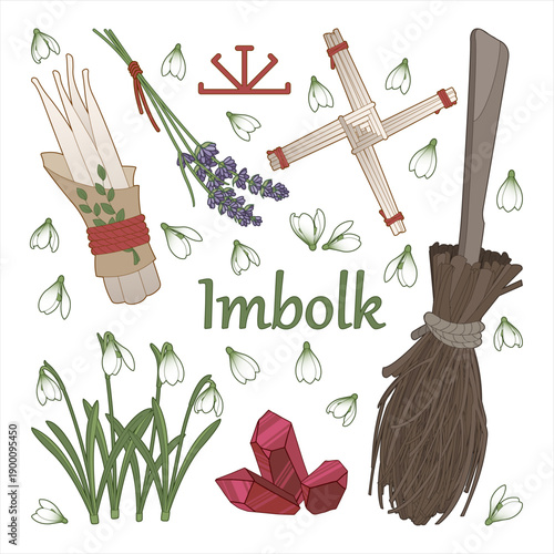 Vector illustration featuring distinct elements related to Imbolc, including snowdrops, lavender, a traditional broom, and decorative charms. The design is isolated on a white background