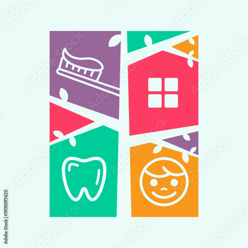 A colorful flat-style collage  representing family dental care and home oral hygiene. Featuring 4 segments separated by tree-liked lines: a toothbrush, a home icon, a tooth and a happy child's face