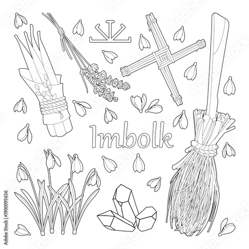 Vector illustration featuring distinct elements related to Imbolc, including snowdrops, lavender, a traditional broom, and decorative charms. The design is isolated on a white background