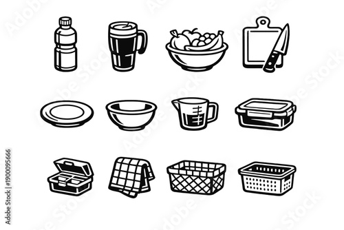 Healthy Nutrition and Hydration in outline vector style: water bottle, insulated mug, fruit bowl, cutting board, knife, plate, bowl, measuring cup, food
