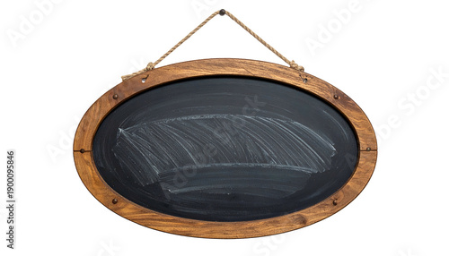 Oval chalkboard with wooden frame, rope hanger, partially erased message on black surface