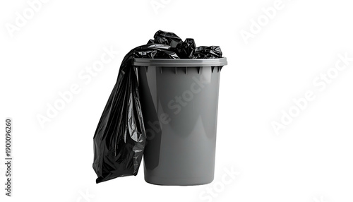 Gray trash bin overflowing with a black garbage bag on a stark black background