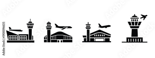 Airport silhouette icon set, airplane take off and terminal building, control tower and flight navigation symbol, aviation travel transportation, vector illustration with editable stroke.