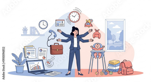 Overwhelmed businesswoman juggling work and family responsibilities at home