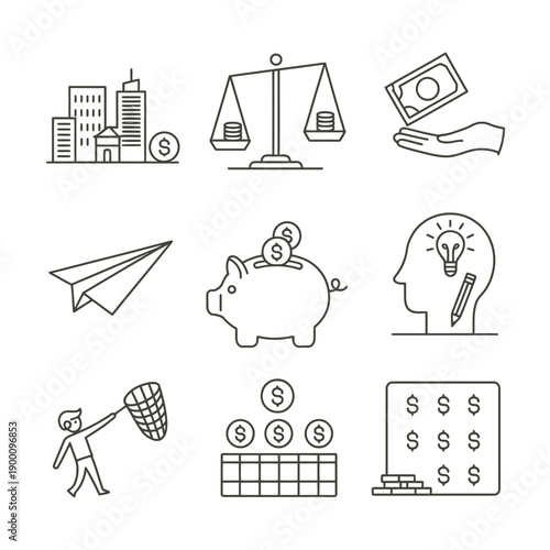 Finance business icons pack, vector illustration of financial management tools, currency signs, analytics graphs, budget planning, online banking, secure payment symbols, clean minimal style graphics.