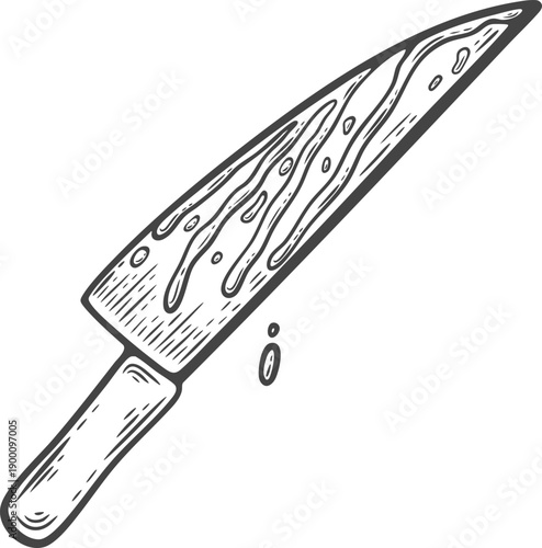 Bloody knife engraving, dagger with blood isolated, weapon, halloween decoration