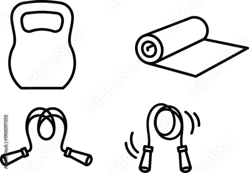 Set of gym and fitness equipment icons including kettlebell and mat