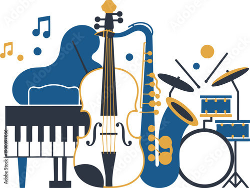 Vibrant music instruments collection featuring piano, violin, saxophone and drums