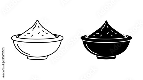 Spice bowl icon set in line and glyph styles, illustrating a ceramic dish filled with powdered seasoning like chili, curry or flour, isolated vector for cooking apps and culinary graphic design