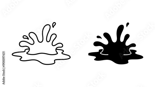 Dual style vector icon set showing a liquid splash or puddle disturbance, featuring both black outline line art and solid silhouette glyph versions isolated on a clean white background.