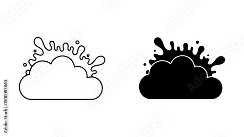 Black and White Icons of a Cloud with Water Splash or Liquid Droplets Erupting Above, Isolated on White Background