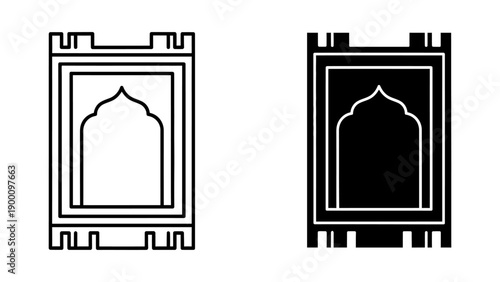 Minimalist Islamic Prayer Rug Icon (Sajjada) in Outline and Glyph Style for Religious Observance and Muslim Culture Design Elements on White Background