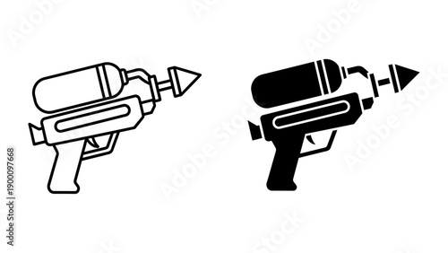 Minimalist Line Art and Solid Silhouette Icons of a Classic Water Gun Toy with Reservoir, Isolated on White Background