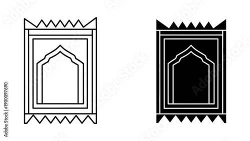 Minimalist Islamic Prayer Rug Icon Set in Outline and Solid Black Styles for Religious Worship and Meditation