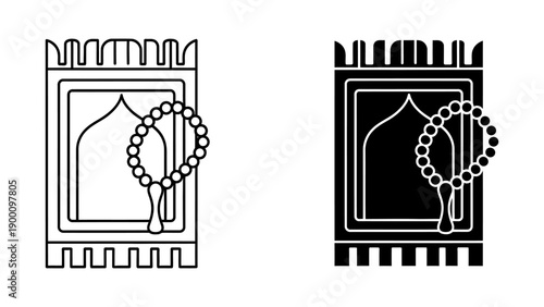 Islamic Prayer Rug and Tasbih Beads Icon Set, featuring both outline and solid glyph styles, symbolizing Muslim devotion, spiritual practice, and the holy month of Ramadan on a clean white background.