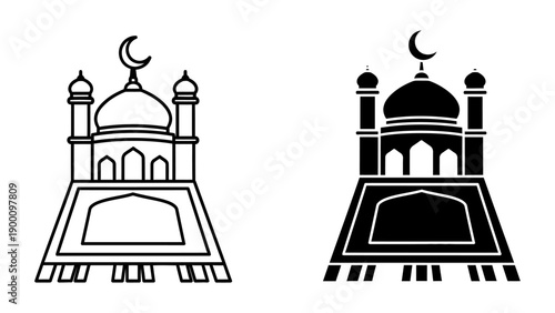 Minimalist mosque icon with dome and crescent moon symbol placed on a traditional Islamic prayer rug, presented in outline and solid glyph styles on a white background.