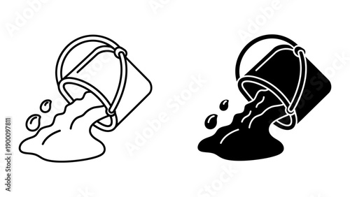 Black and white line art and solid glyph icon depicting a tilted bucket pouring out water or paint, symbolizing cleaning, waste, or overflow on a white background.