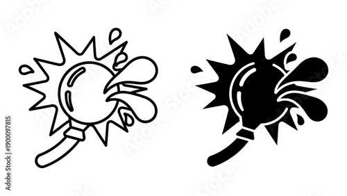 Black and white line art and silhouette icon depicting a water balloon bursting with a dramatic splash effect, symbolizing summer fun, playful impact, and wet outdoor games.